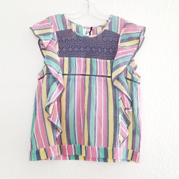 DRA Los Angels Tops - DRA Los Angels Marie Crochet Ruffled Striped Top Pink Gray Size S Small